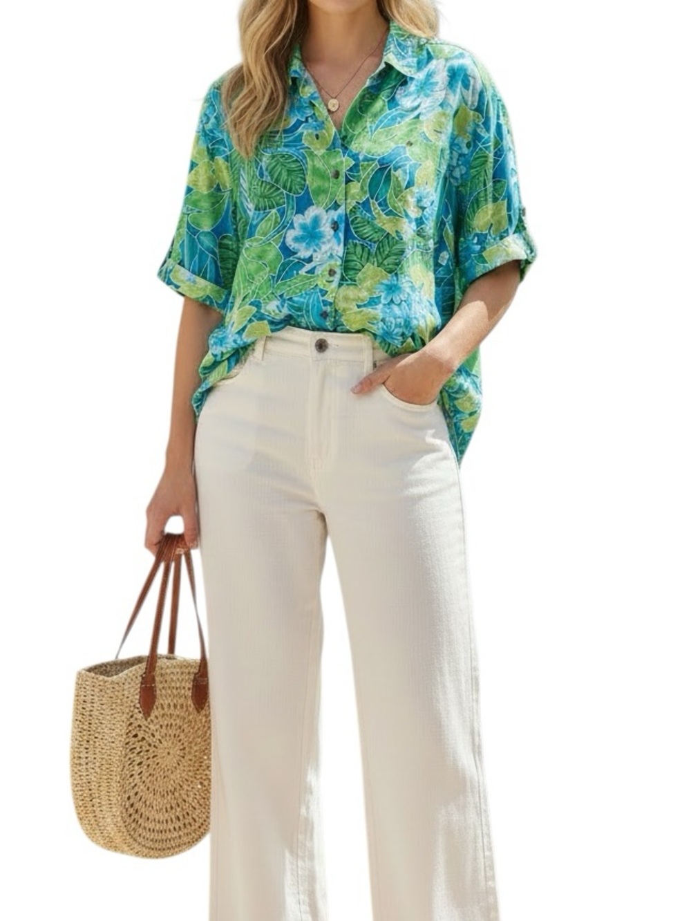 Liz Sport Claiborne Button Tropical Hawaiian Floral Hibiscus Jungle Size S